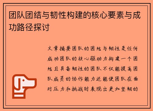 团队团结与韧性构建的核心要素与成功路径探讨